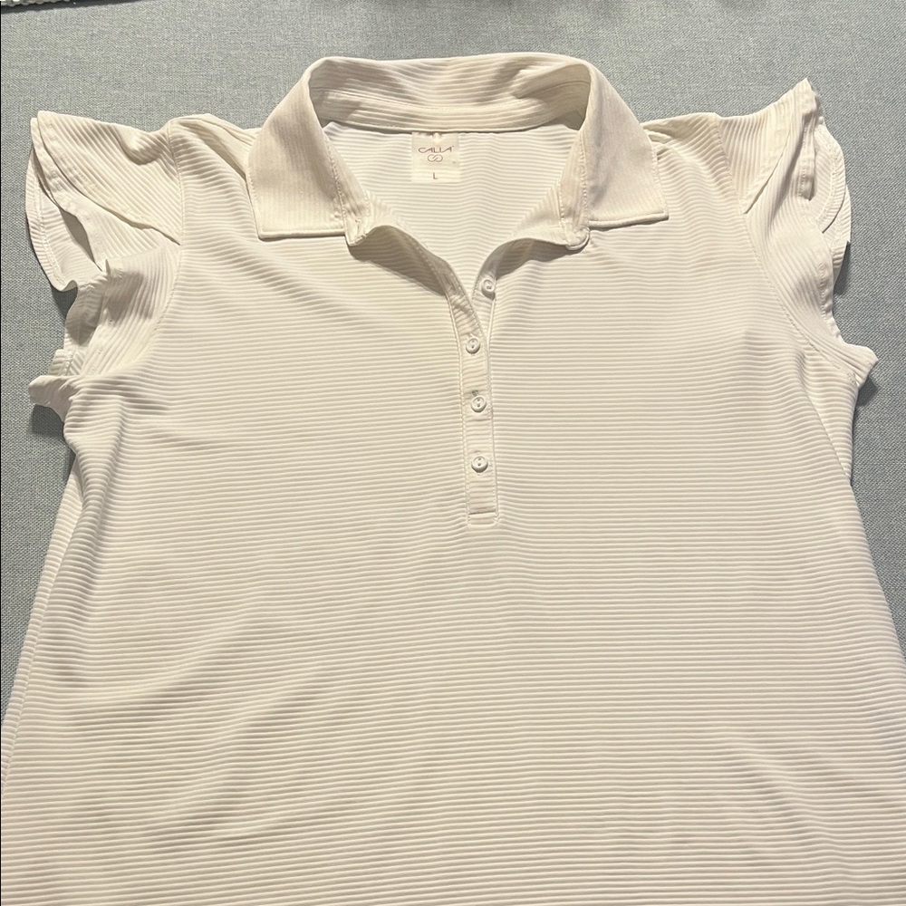 Elegant Cream Button Down Golf Shirt with Ruffled Sleeves